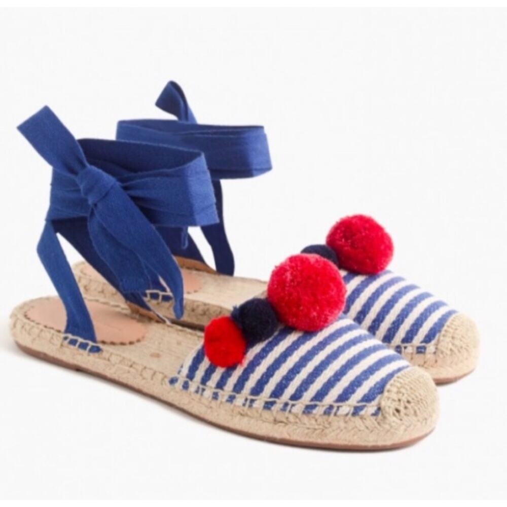 J.Crew Women's Blue Red Striped Ankle Wrap Pom Pom Espadrille Flats NIB Size 9